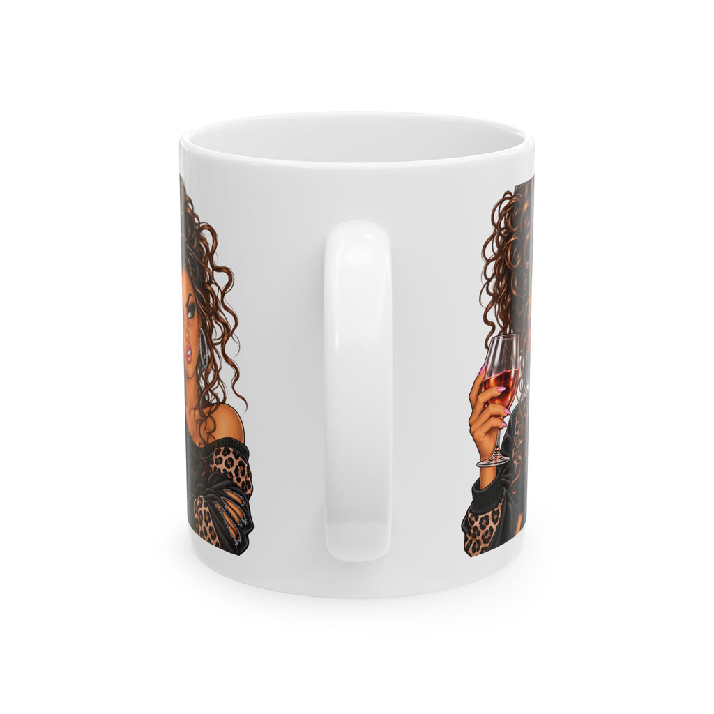 Curly Hair Woman Holding Wine Ceramic Mug – Stylish Coffee Cup Gift for Her (11oz, 15oz)