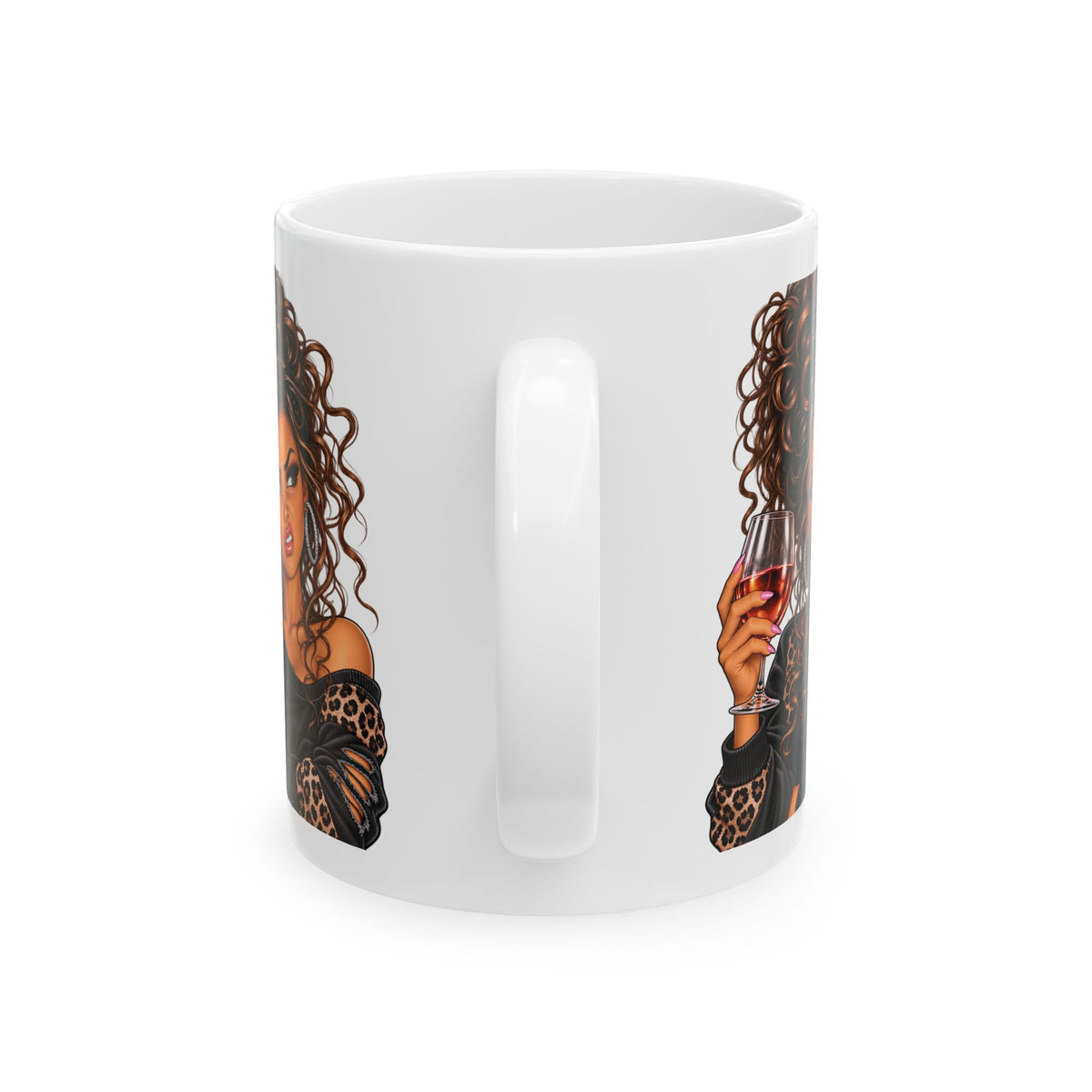 Curly Hair Woman Holding Wine Ceramic Mug – Stylish Coffee Cup Gift for Her (11oz, 15oz)