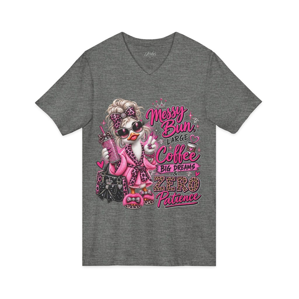 Messy Bun, Big Coffee V-Neck Tee — Funny Mom Graphic T-Shirt