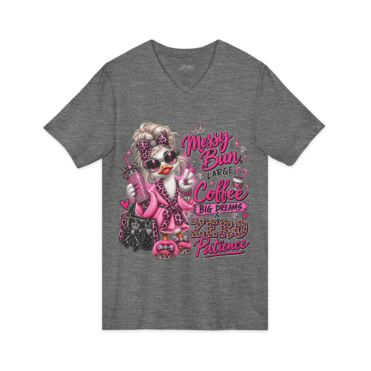 Messy Bun, Big Coffee V-Neck Tee — Funny Mom Graphic T-Shirt