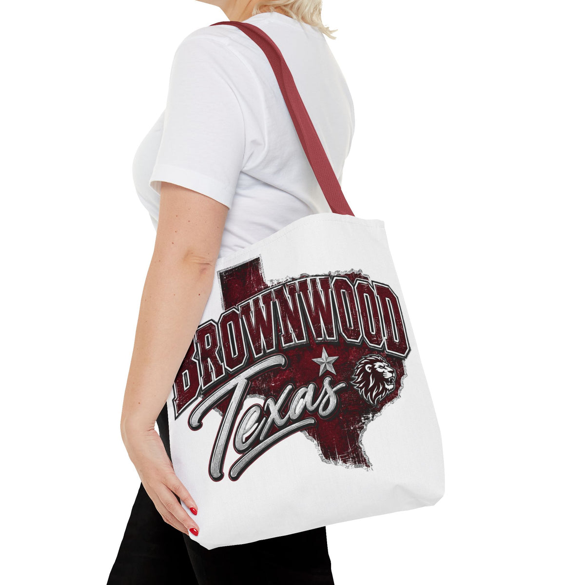 Brownwood Texas Tote Bag — Vintage State Outline & Lion Graphic