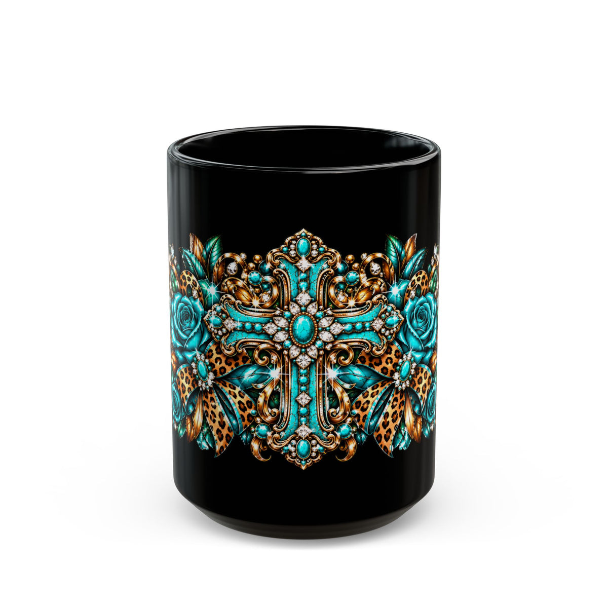 Turquoise Leopard Rose Ornate Mug