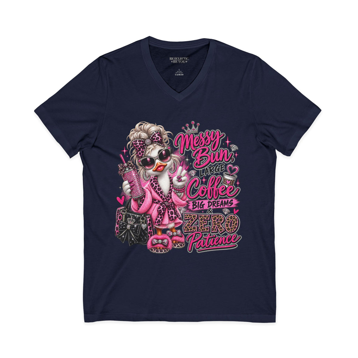 Messy Bun, Big Coffee V-Neck Tee — Funny Mom Graphic T-Shirt