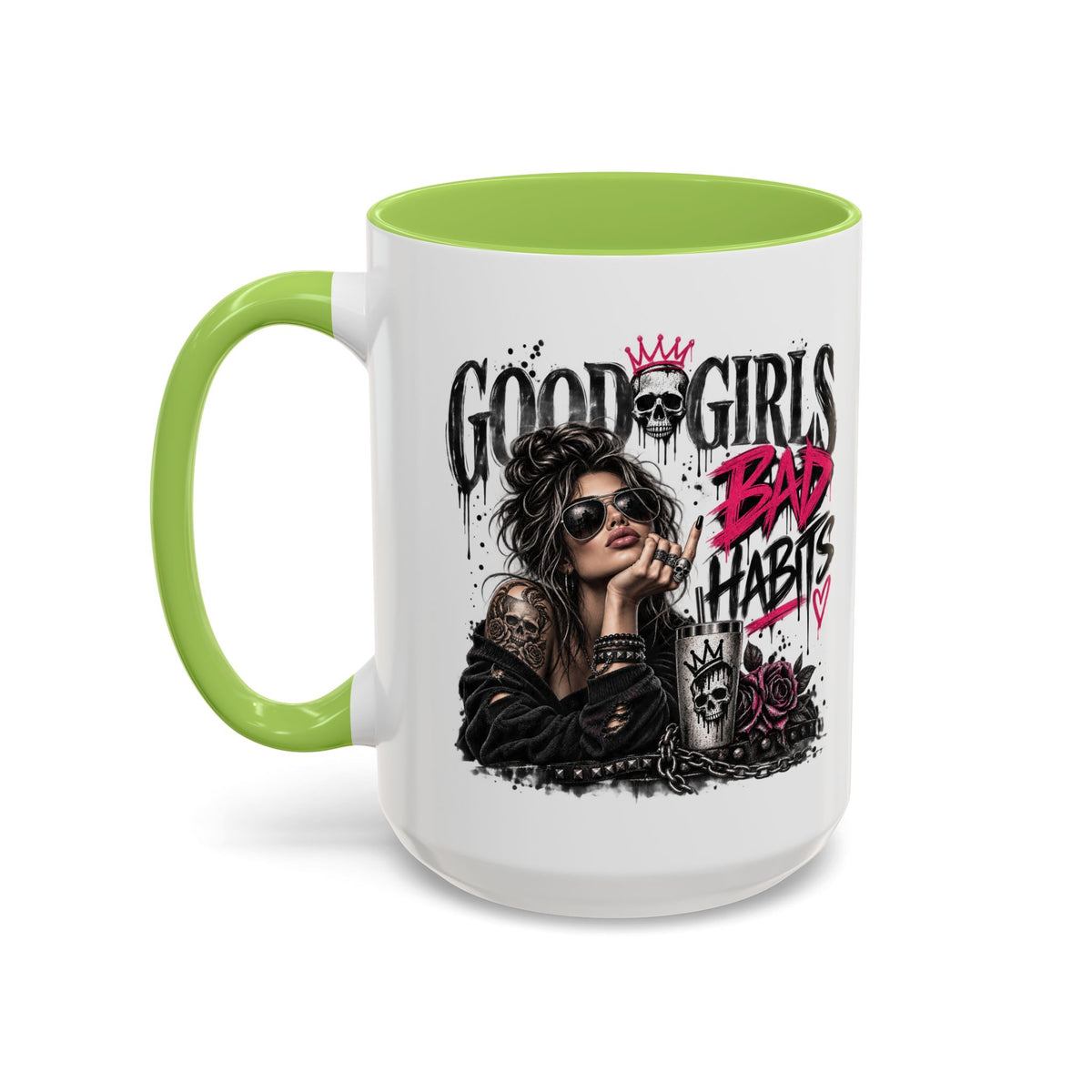 Good Girls, Bad Habits Accent Coffee Mug – Edgy Skull & Crown Design (11/15oz)