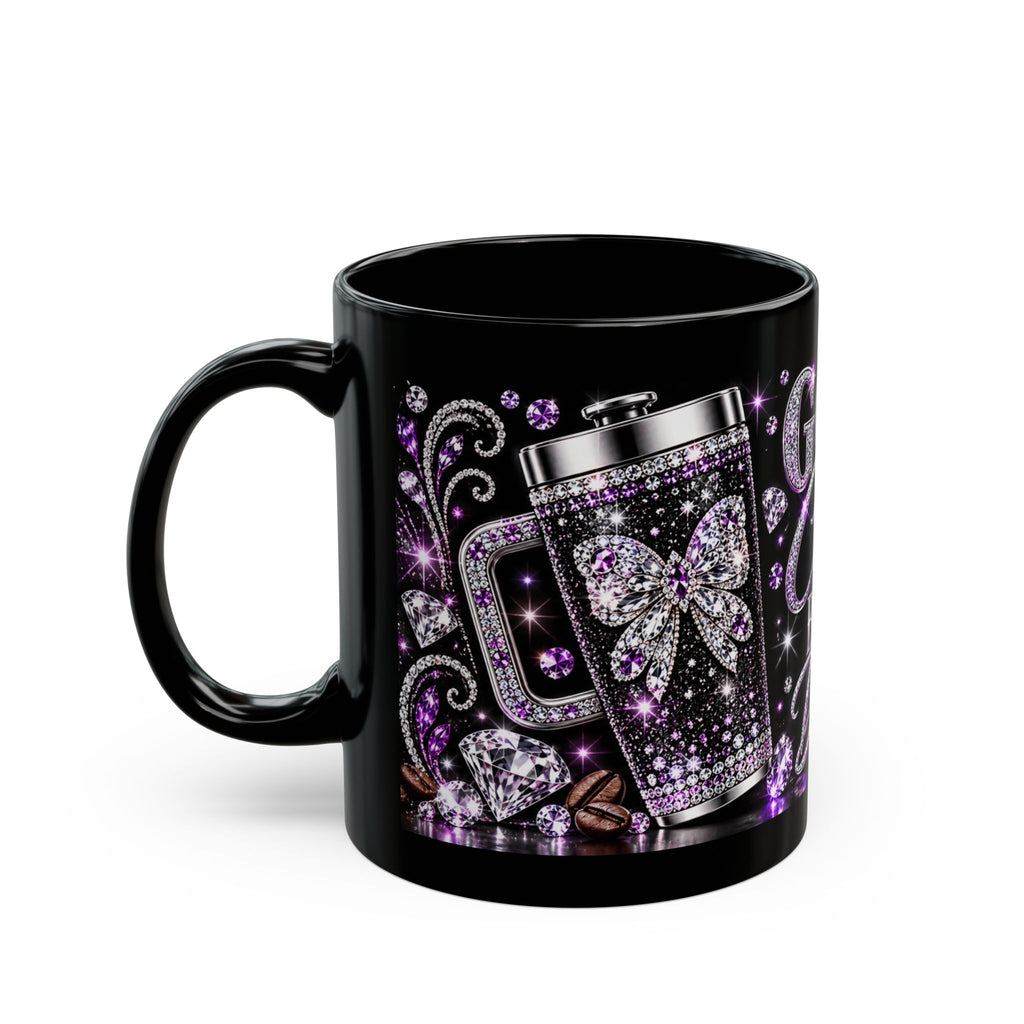 Good Coffee Brighter Days Black Ceramic Mug — Sparkling Purple Butterfly Design (11oz, 15oz)