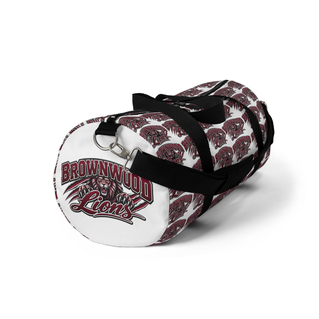 Maroon Script Logo Duffel Bag — Repeat Pattern Travel Gym Bag