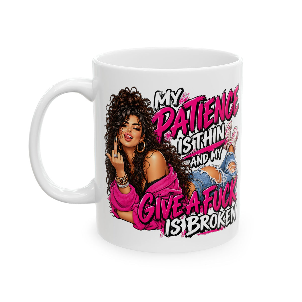 Sassy Middle Finger Ceramic Mug (11oz/15oz) – "My Patience is Thin, My Give a Damn Is Broken" Coffee Cup