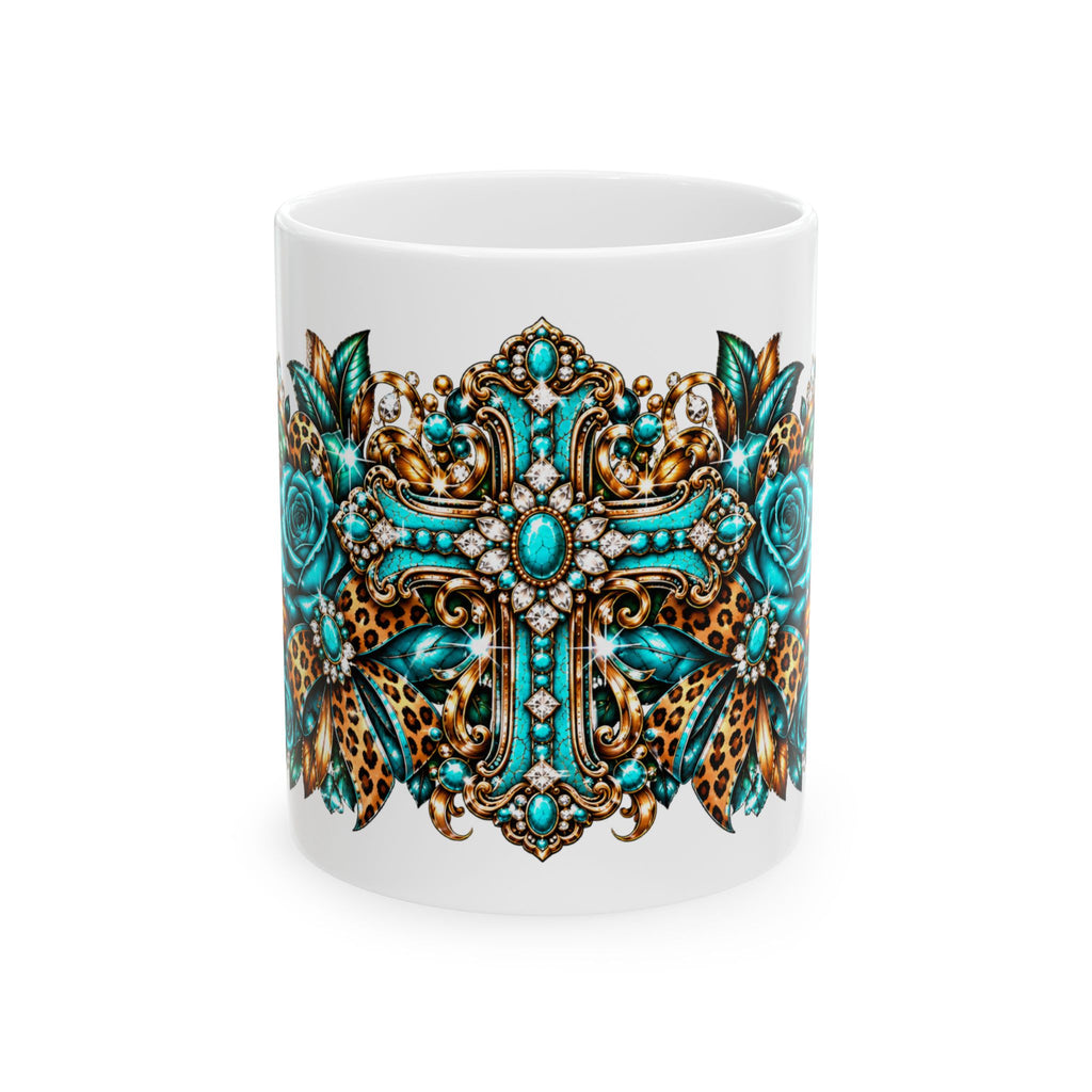 Ornate Turquoise Cross Mug – Gothic Christian Coffee Cup