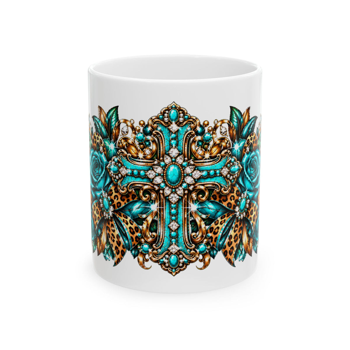 Ornate Turquoise Cross Mug – Gothic Christian Coffee Cup