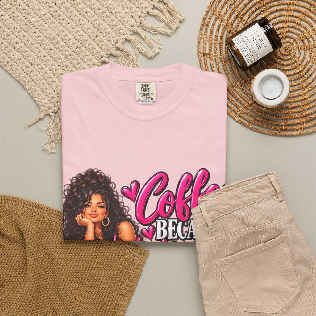 T-Shirt — "Coffee Because Adulting Is Hard" Graphic Tee (Cute Girl Illustration)