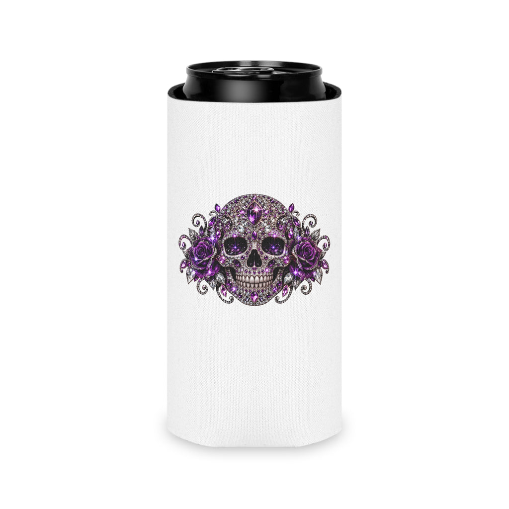 Purple Rhinestone Skull Can Cooler – Floral Gothic Beverage Koozie