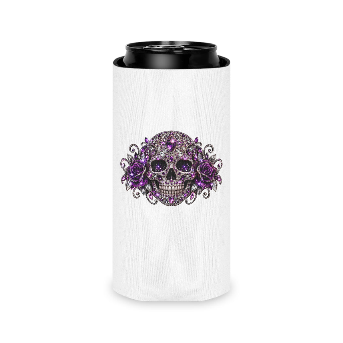 Purple Rhinestone Skull Can Cooler – Floral Gothic Beverage Koozie