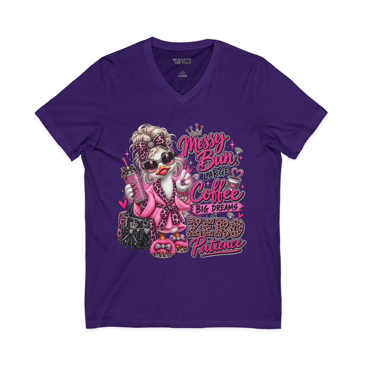 Messy Bun, Big Coffee V-Neck Tee — Funny Mom Graphic T-Shirt