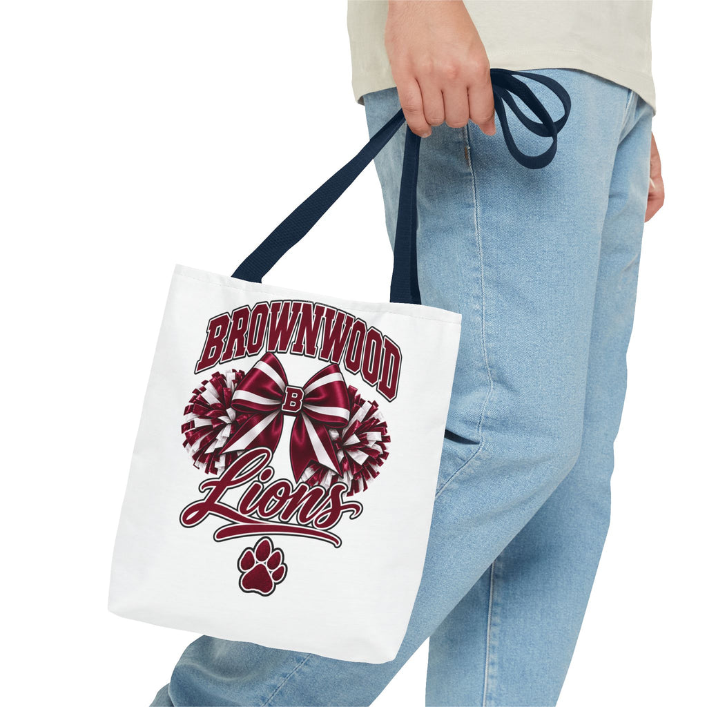 Brownwood Lions Cheer Tote Bag — School Spirit Bow & Pom-Pom Design