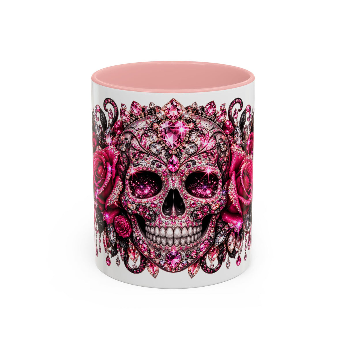 Pink Rhinestone Sugar Skull Coffee Mug – Day of the Dead Floral Accent Mug