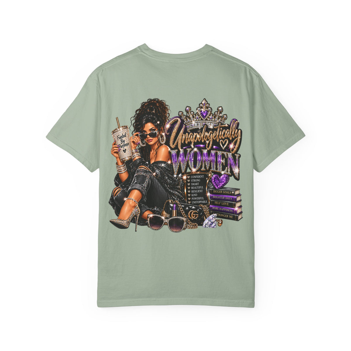 Unapologetically Women T-Shirt — Empowerment Graphic Tee with Crown, Books & Fashion Illustration