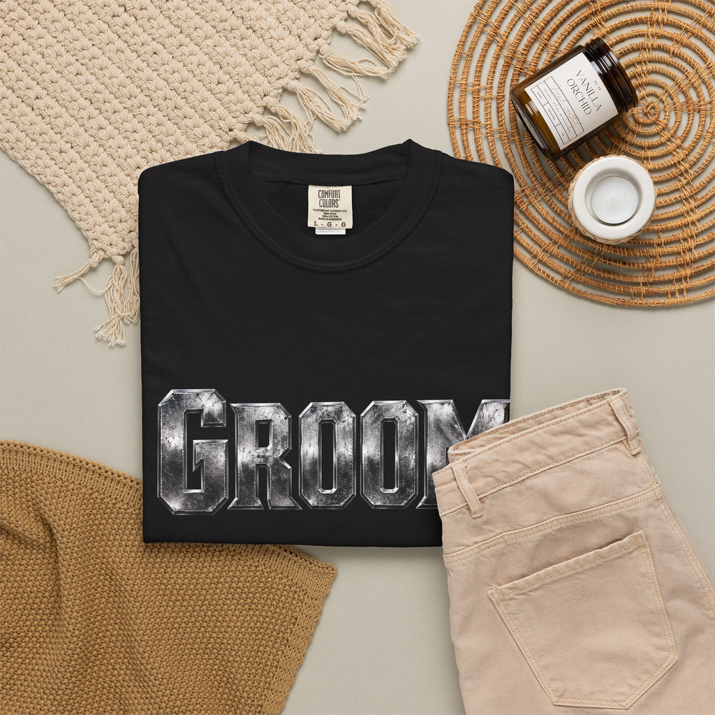 Groom Graphic T-Shirt — Metallic Lettering Wedding Tee for Grooms