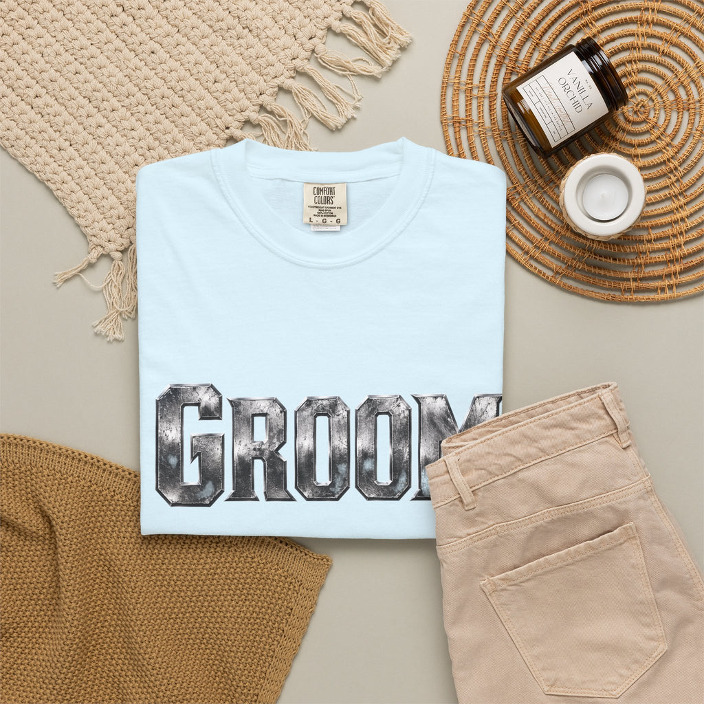 Groom Graphic T-Shirt — Metallic Lettering Wedding Tee for Grooms