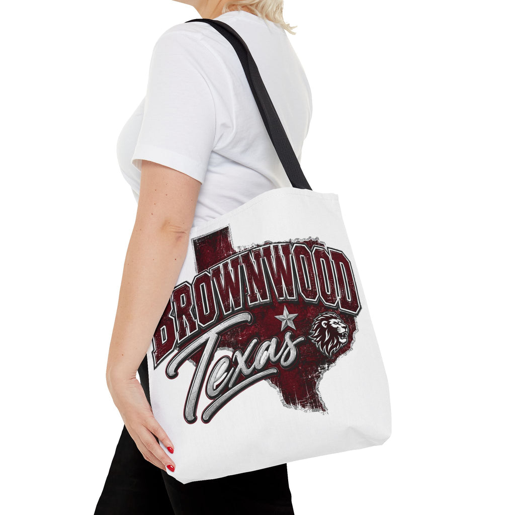 Brownwood Texas Tote Bag — Vintage State Outline & Lion Graphic