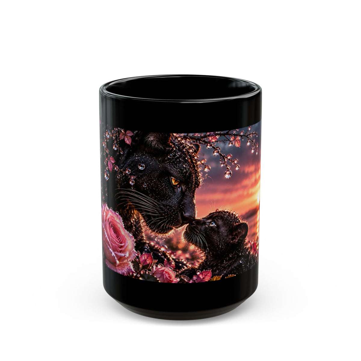 Black Panther & Cub Sunset Mug — 11oz/15oz Black Ceramic Coffee Cup