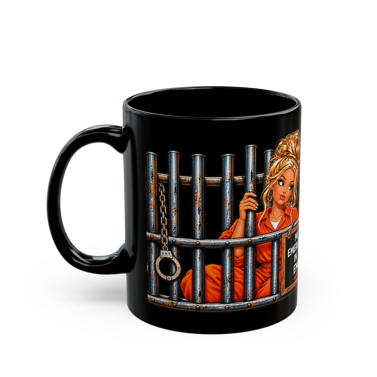 Black Mug - "Me and My Emergency Contact in the Same Emergency" Graphic Coffee Mug