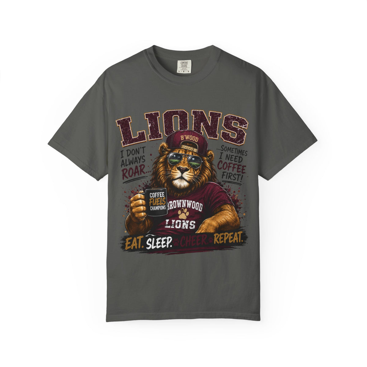 Lions Coffee Club T-Shirt — 'Eat. Sleep. Coffee. Repeat.' Graphic Tee