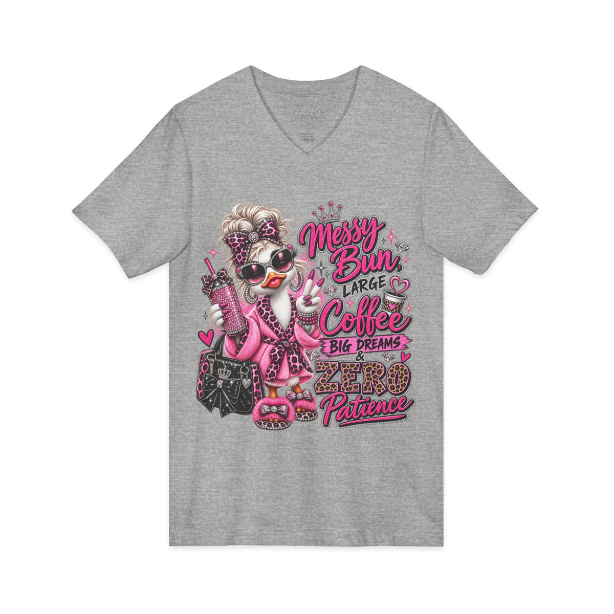 Messy Bun, Big Coffee V-Neck Tee — Funny Mom Graphic T-Shirt