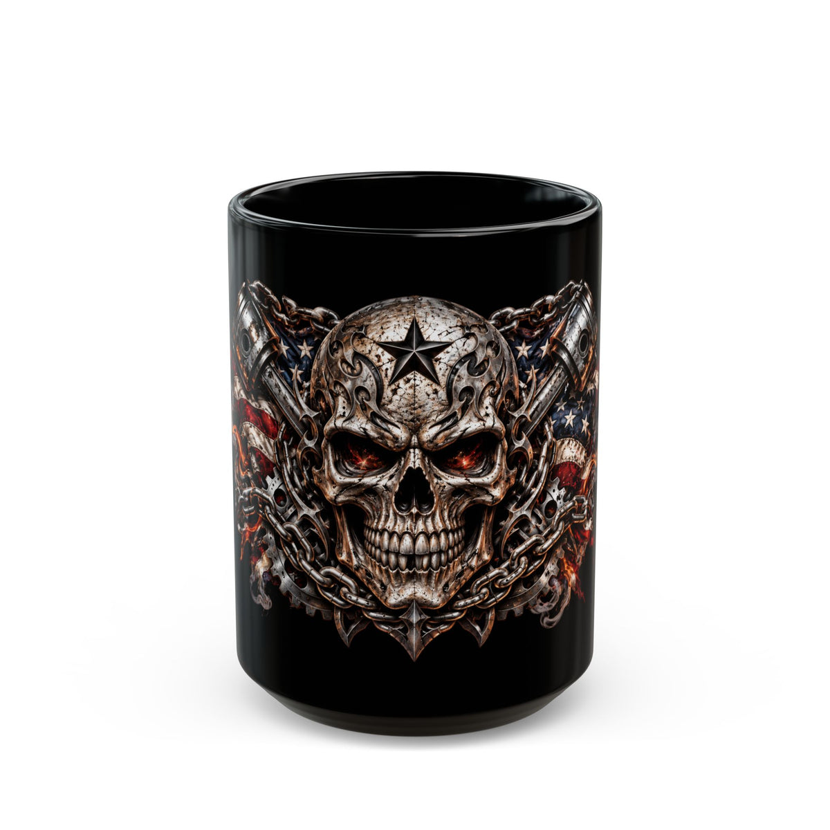 Skull & American Flag Black Mug — Gothic Biker Coffee Cup (11oz/15oz)