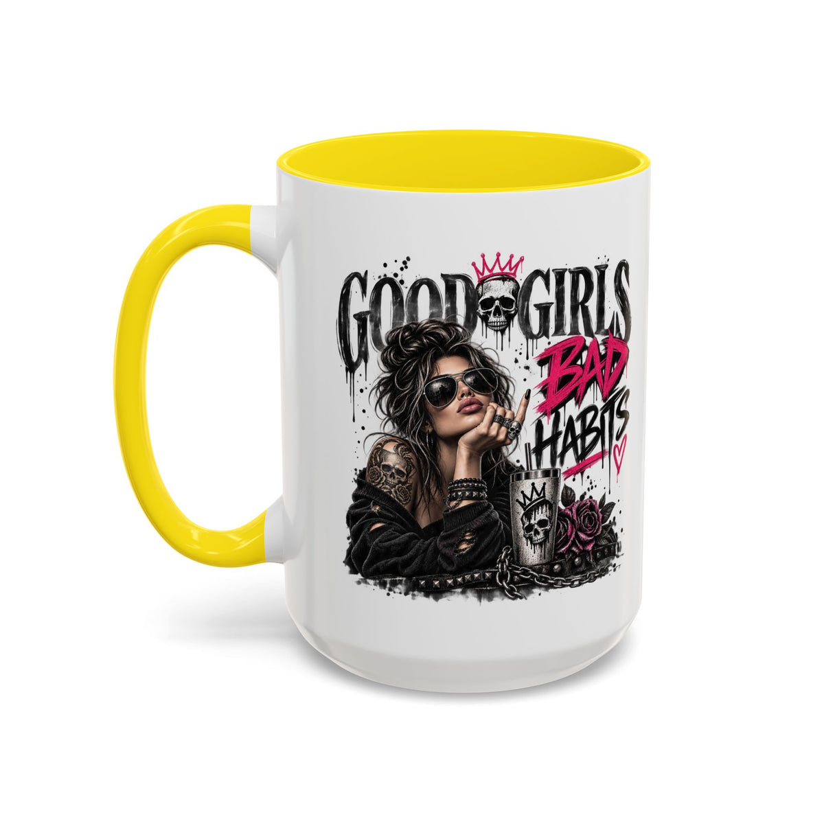 Good Girls, Bad Habits Accent Coffee Mug – Edgy Skull & Crown Design (11/15oz)