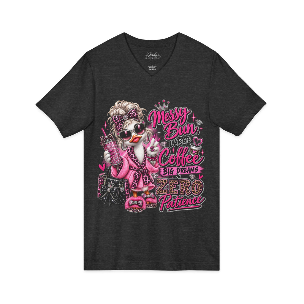 Messy Bun, Big Coffee V-Neck Tee — Funny Mom Graphic T-Shirt