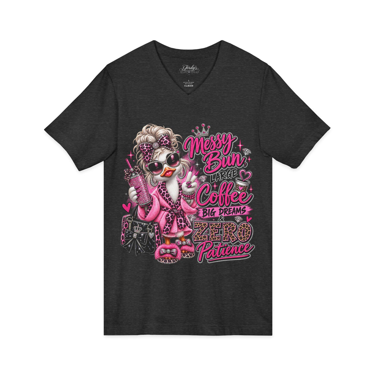 Messy Bun, Big Coffee V-Neck Tee — Funny Mom Graphic T-Shirt