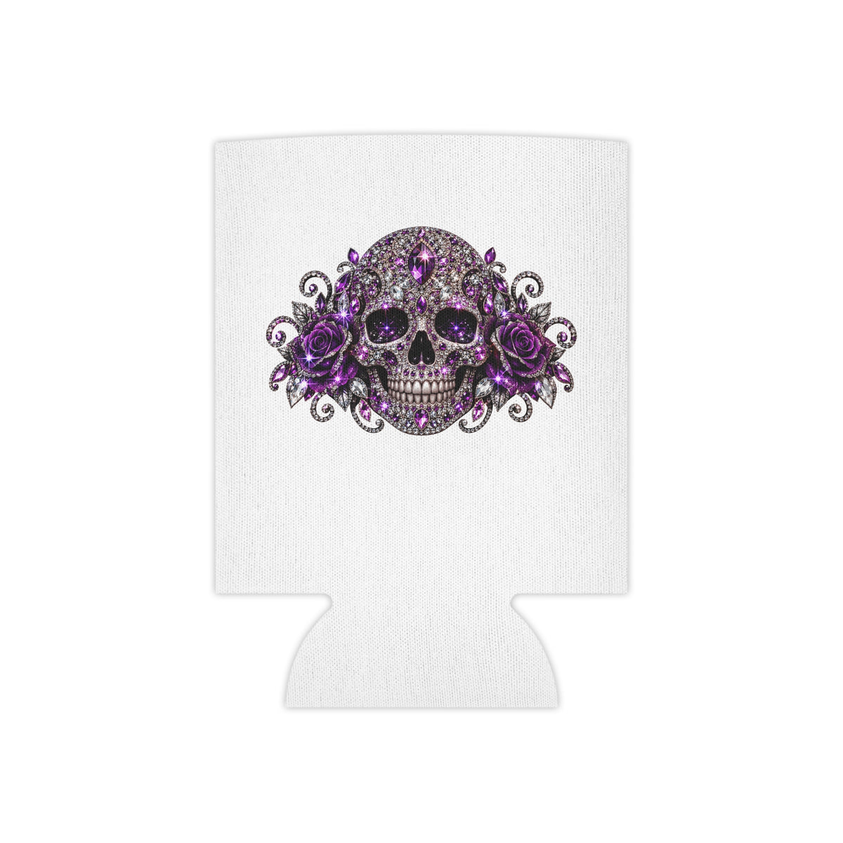 Purple Rhinestone Skull Can Cooler – Floral Gothic Beverage Koozie