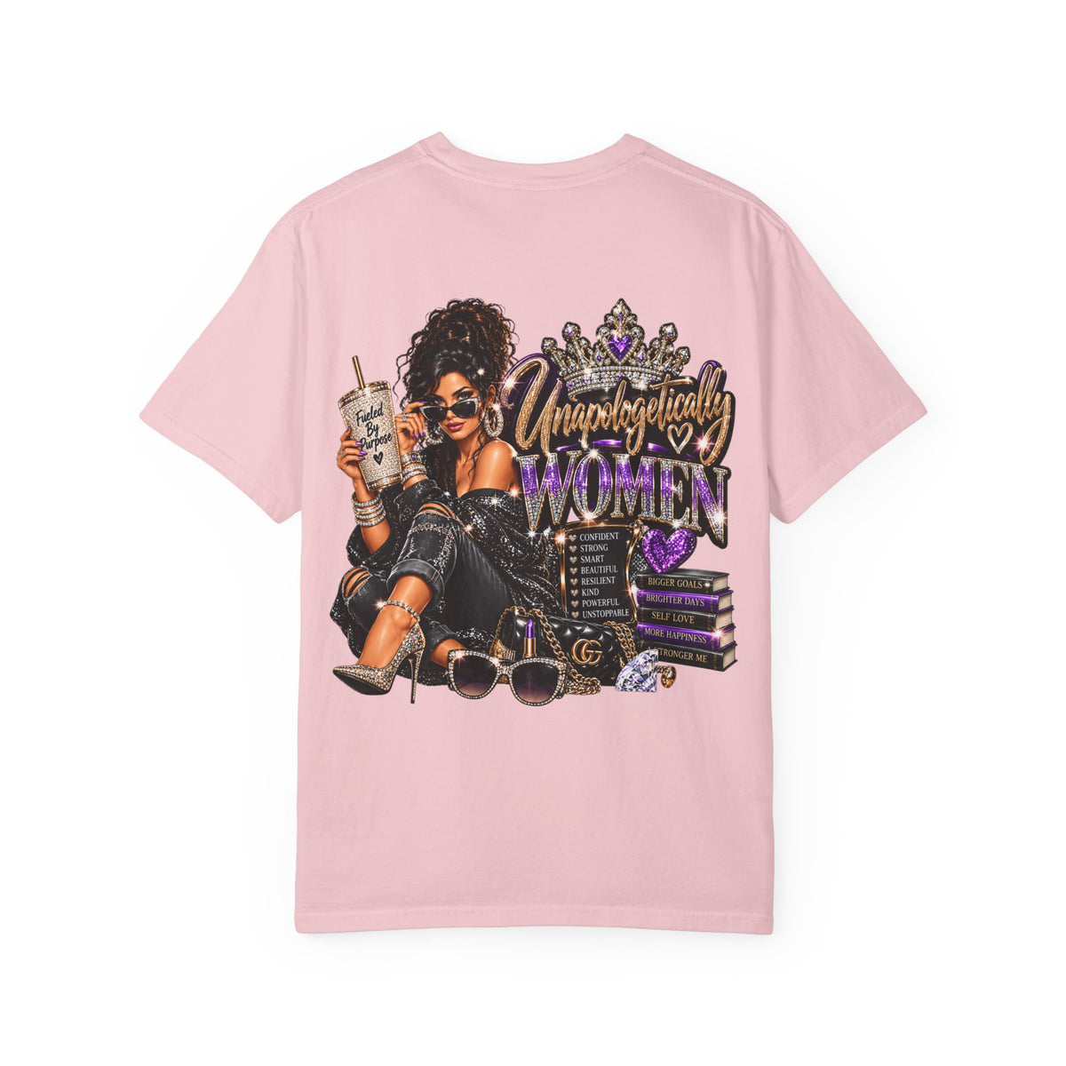 Unapologetically Women T-Shirt — Empowerment Graphic Tee with Crown, Books & Fashion Illustration