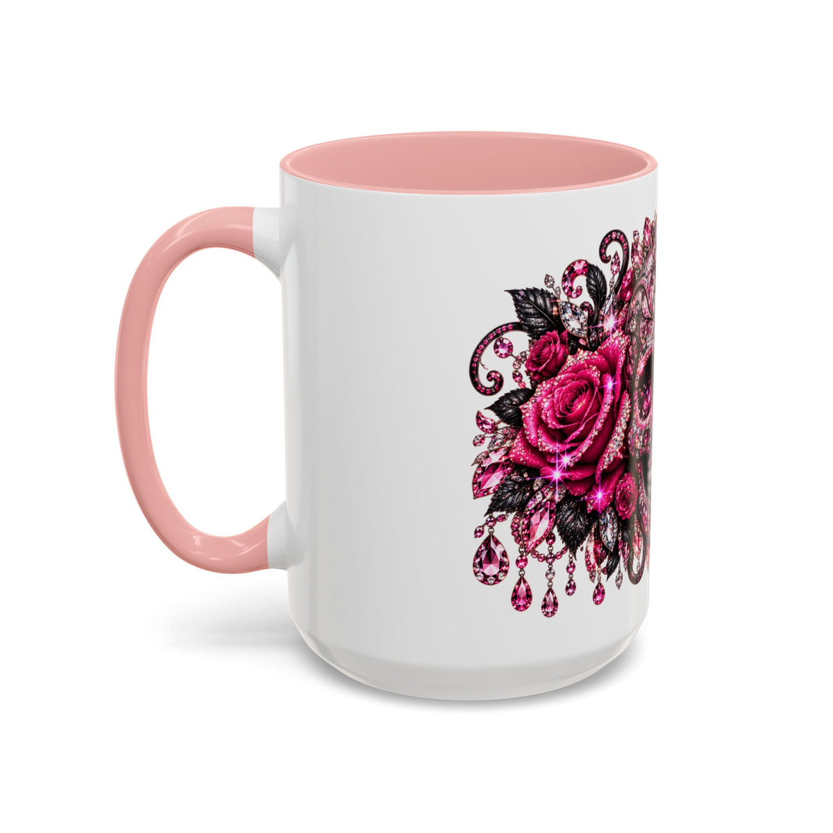 Pink Rhinestone Sugar Skull Coffee Mug – Day of the Dead Floral Accent Mug