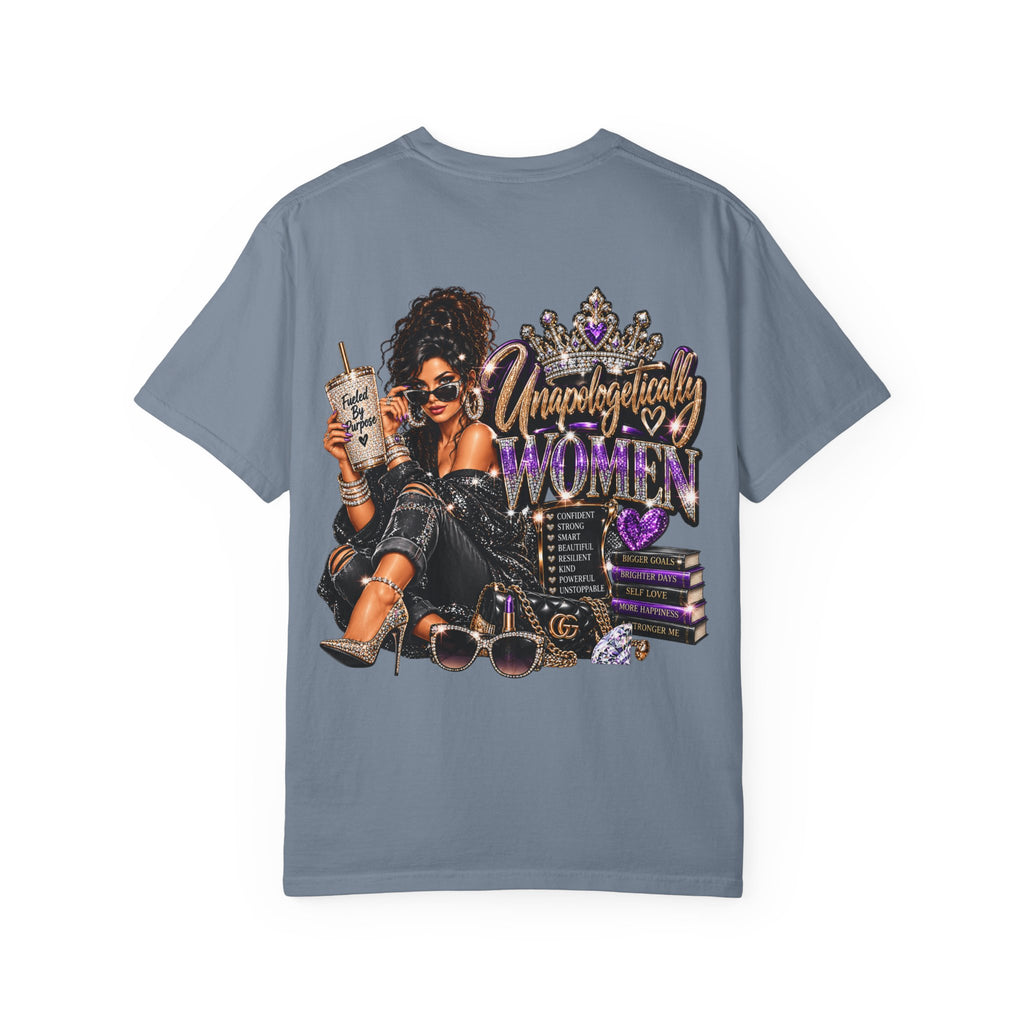 Unapologetically Women T-Shirt — Empowerment Graphic Tee with Crown, Books & Fashion Illustration