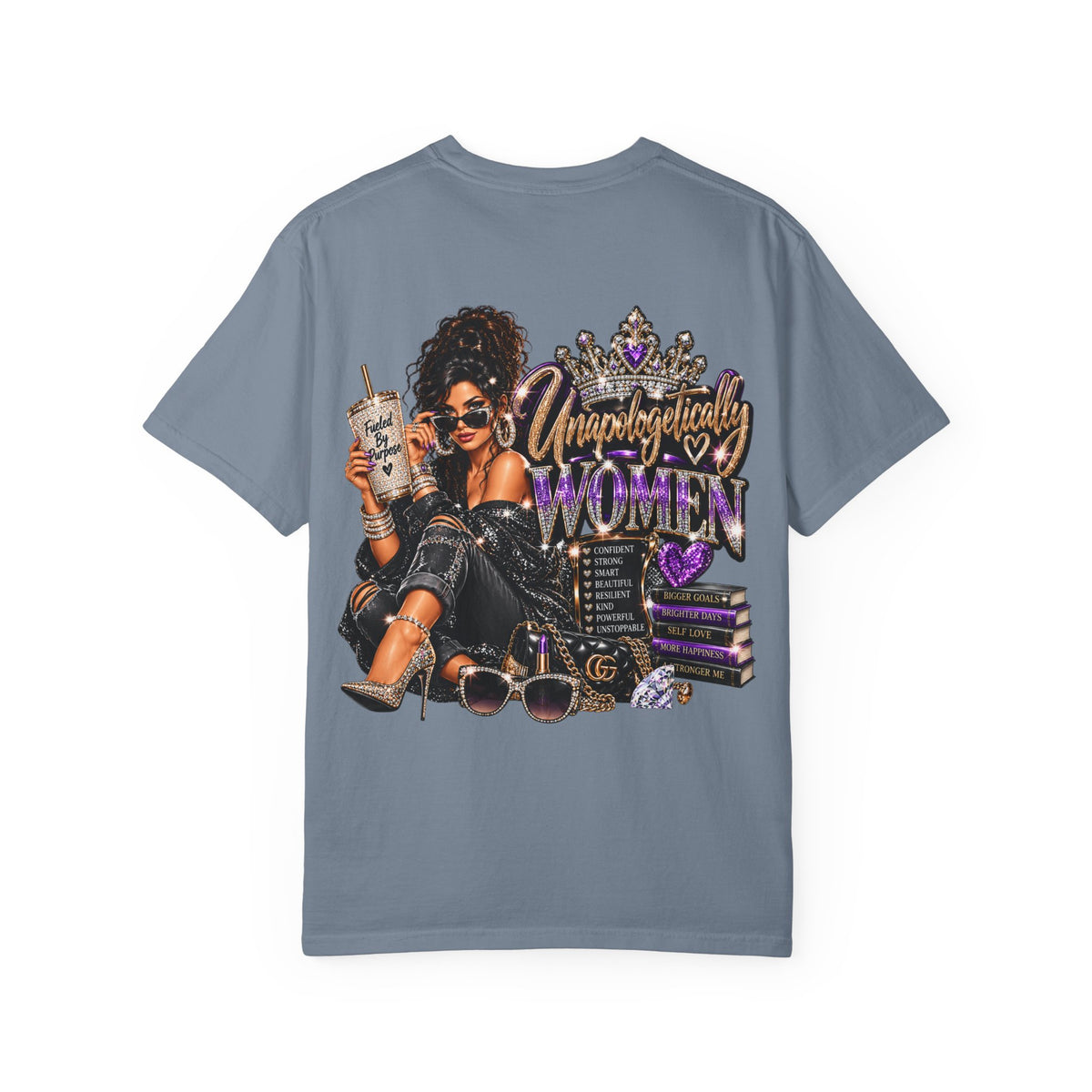 Unapologetically Women T-Shirt — Empowerment Graphic Tee with Crown, Books & Fashion Illustration