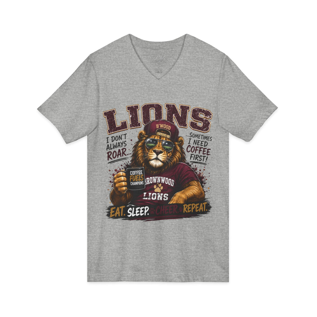Lions Coffee V-Neck Tee — "I Don't Always Roar" Retro Lion Graphic