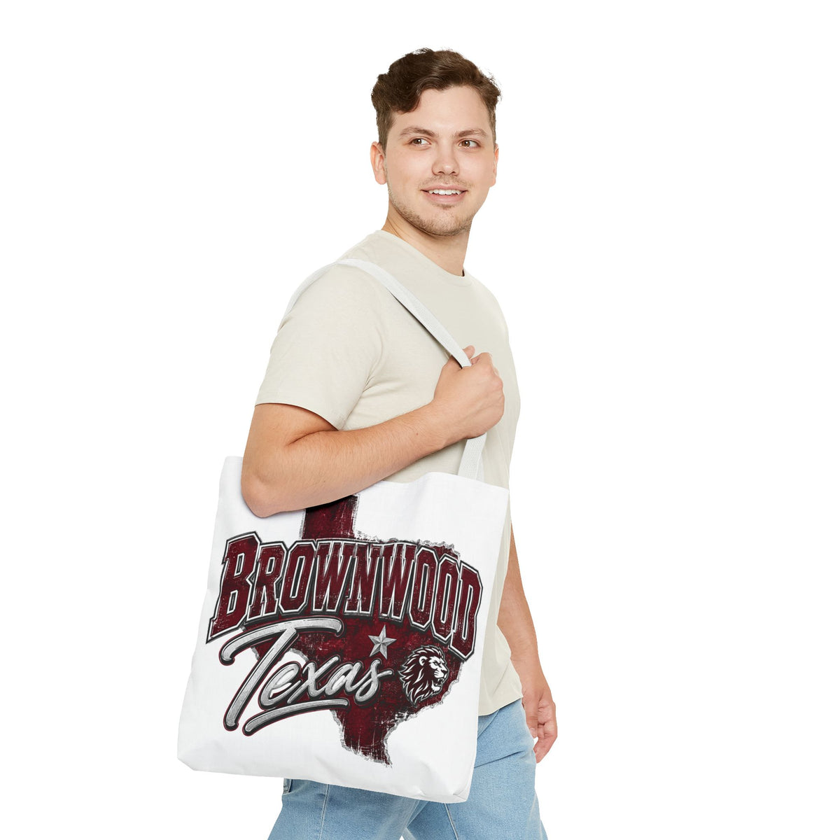 Brownwood Texas Tote Bag — Vintage State Outline & Lion Graphic