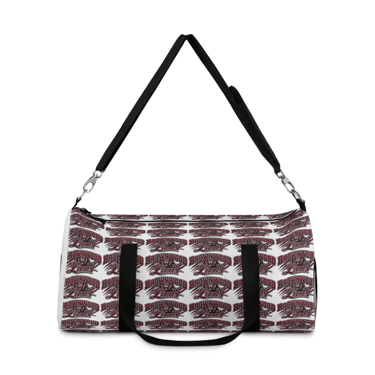 Maroon Script Logo Duffel Bag — Repeat Pattern Travel Gym Bag
