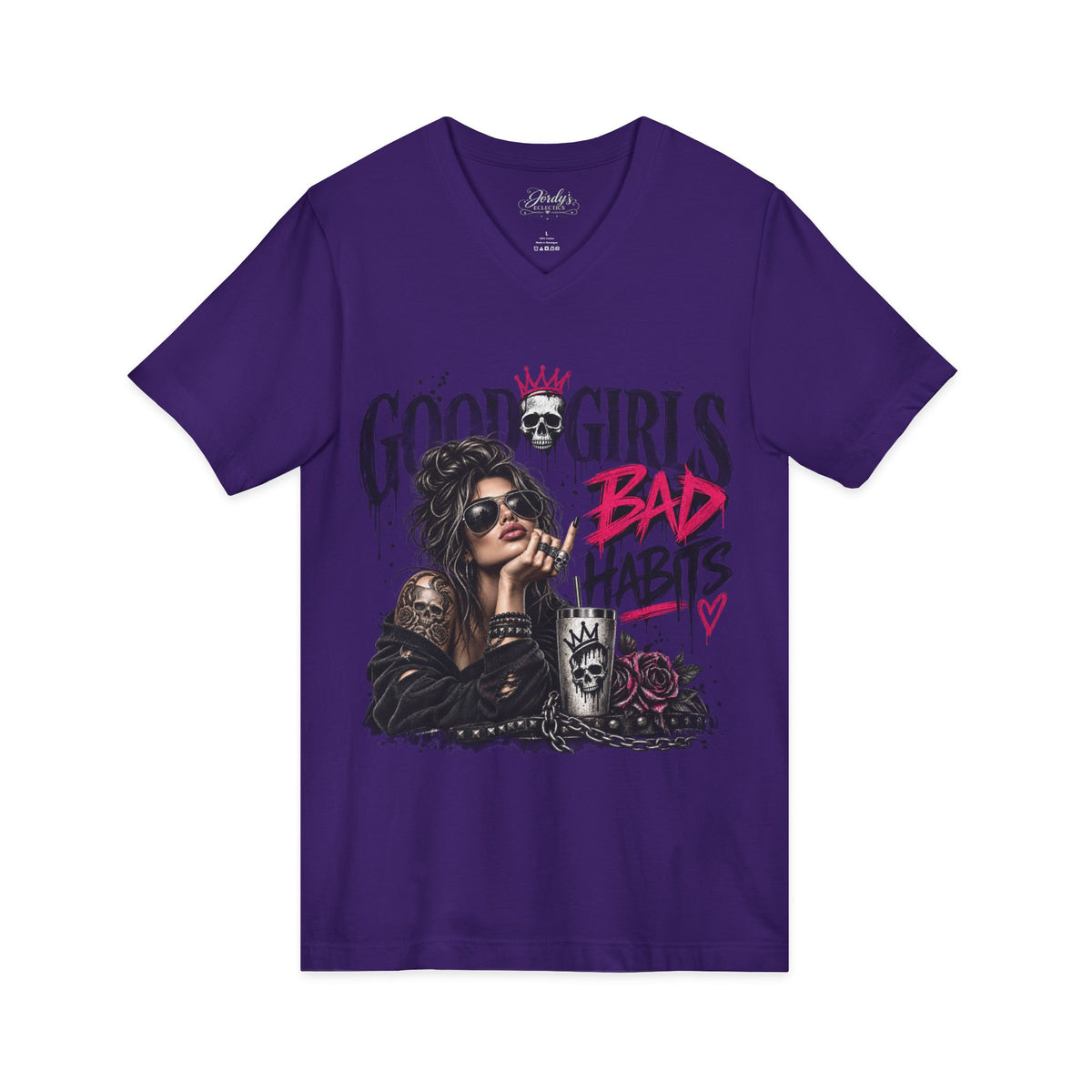 Good Girls Bad Habits V-Neck Tee – Edgy Rocker Graphic T-Shirt