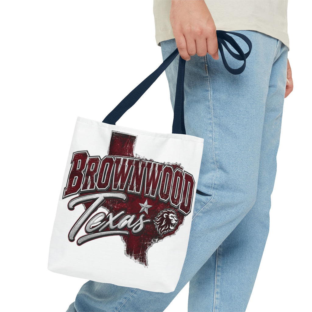 Brownwood Texas Tote Bag — Vintage State Outline & Lion Graphic