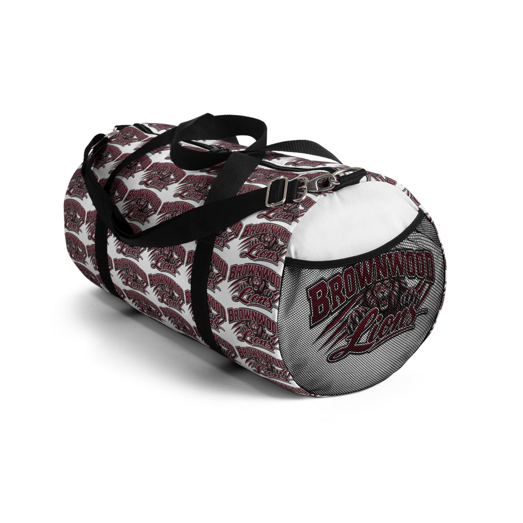 Maroon Script Logo Duffel Bag — Repeat Pattern Travel Gym Bag