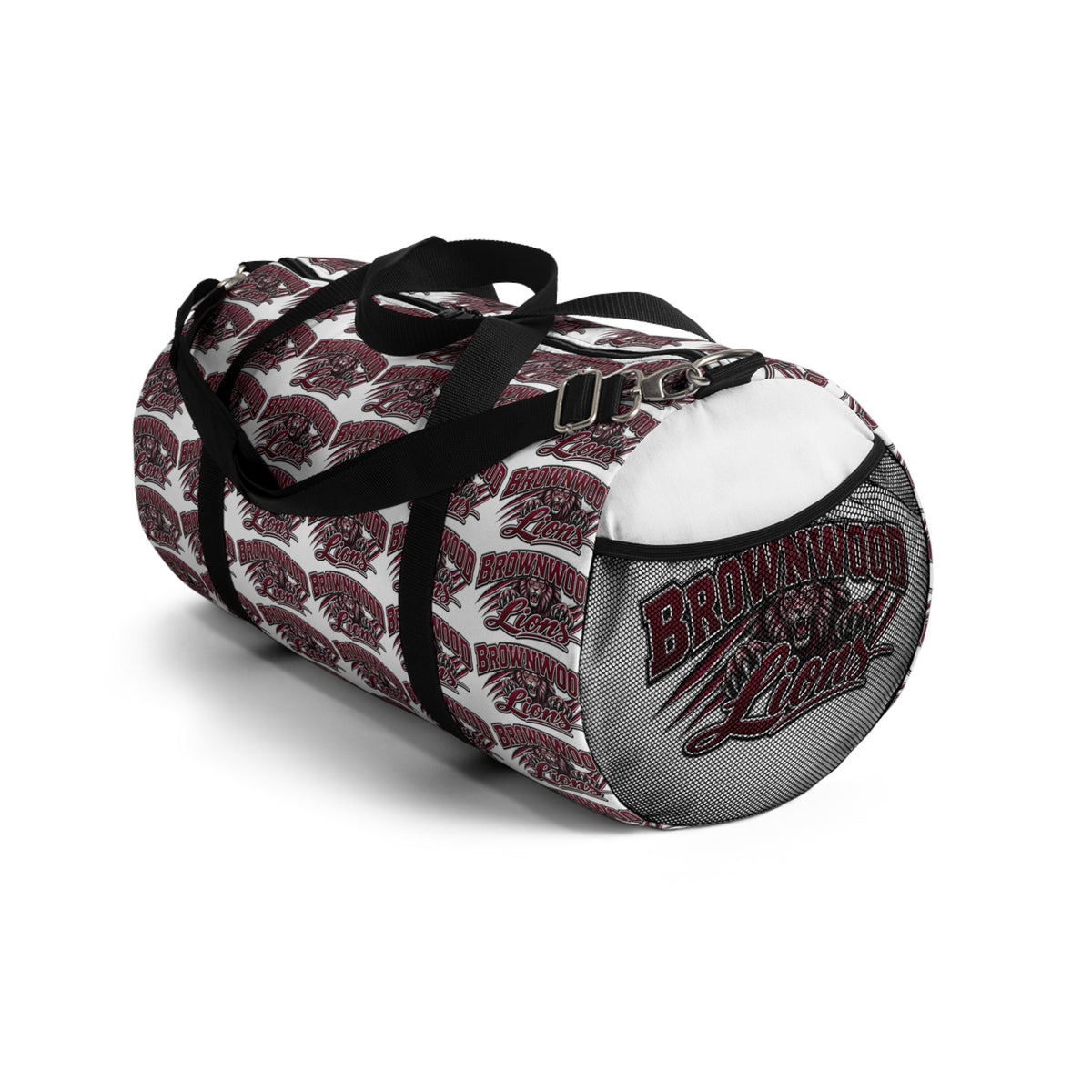 Maroon Script Logo Duffel Bag — Repeat Pattern Travel Gym Bag