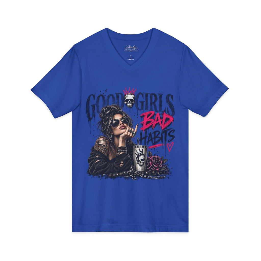Good Girls Bad Habits V-Neck Tee – Edgy Rocker Graphic T-Shirt