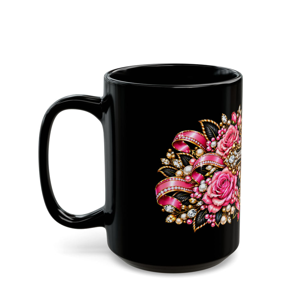 Floral Cross Black Mug – Gothic Rose Christian Gift