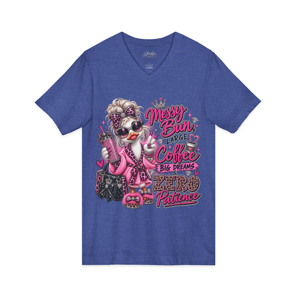 Messy Bun, Big Coffee V-Neck Tee — Funny Mom Graphic T-Shirt