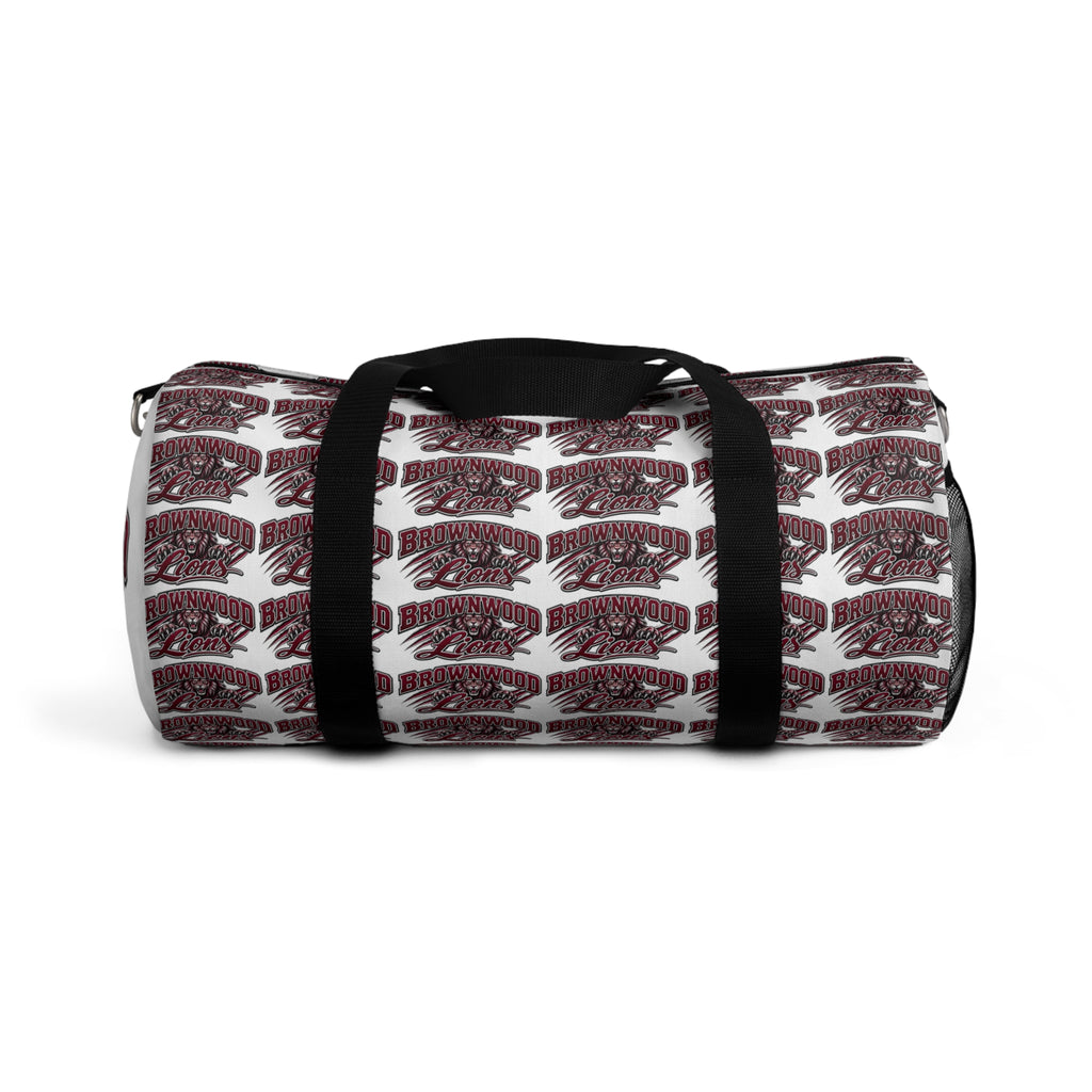 Maroon Script Logo Duffel Bag — Repeat Pattern Travel Gym Bag