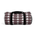 Maroon Script Logo Duffel Bag — Repeat Pattern Travel Gym Bag