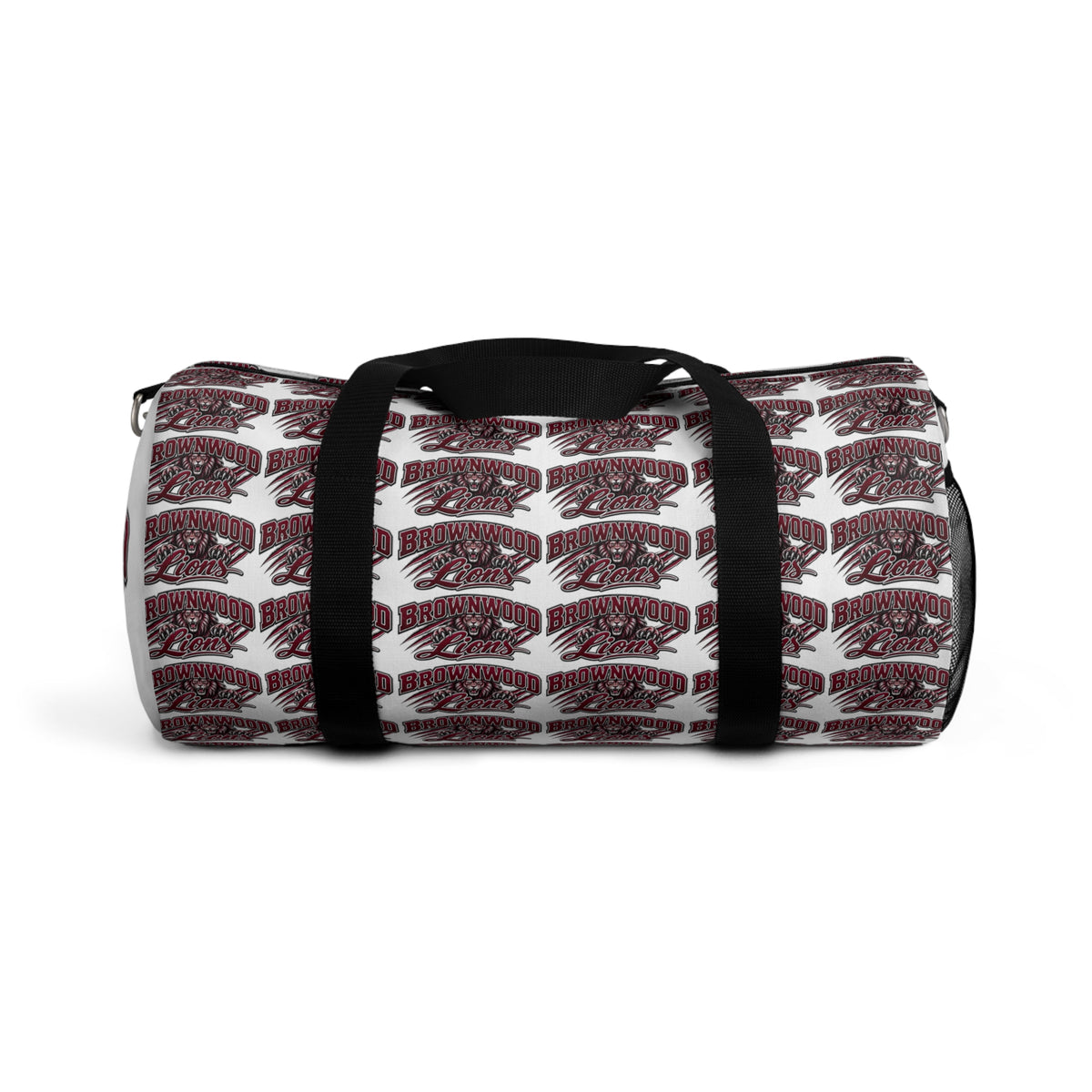 Maroon Script Logo Duffel Bag — Repeat Pattern Travel Gym Bag