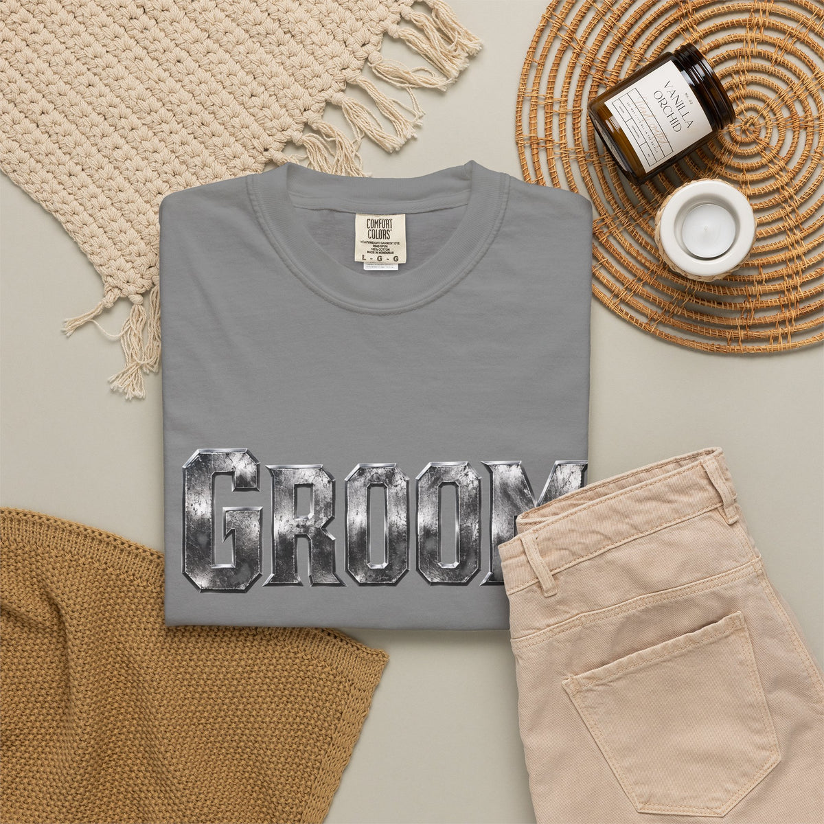 Groom Graphic T-Shirt — Metallic Lettering Wedding Tee for Grooms
